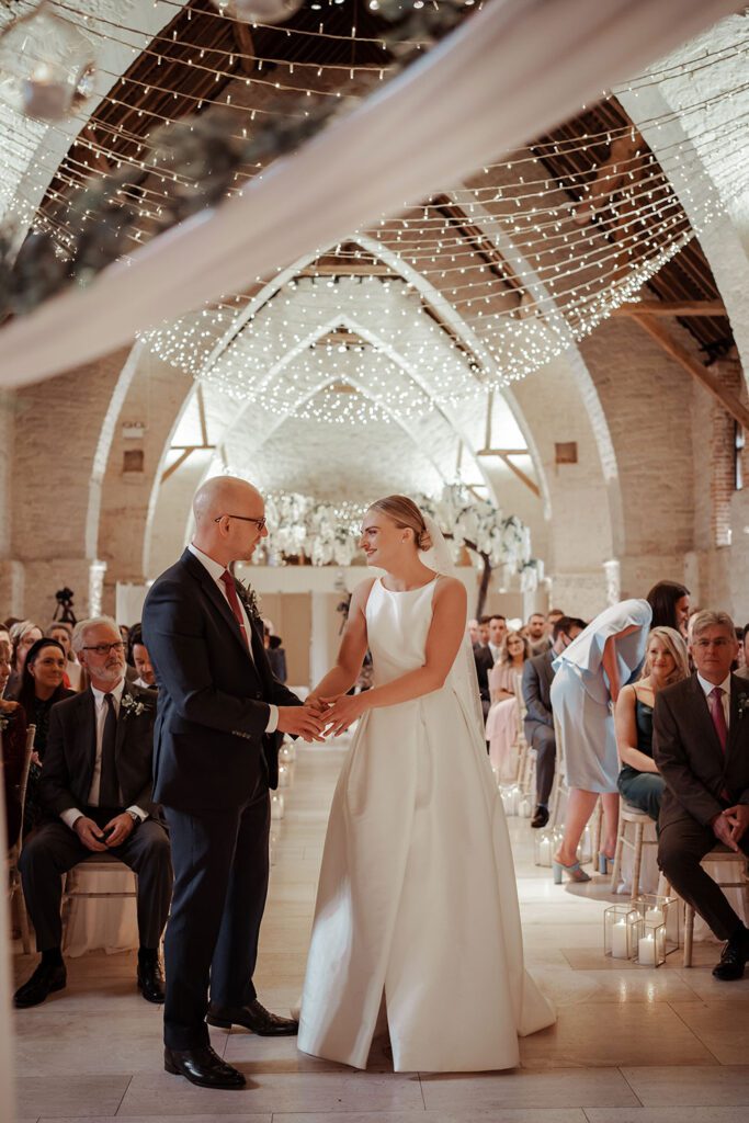 Clare in Jesus Peiro 121 for a romantic Hampshire wedding at The Tithe Barn Miss BushMiss Bush