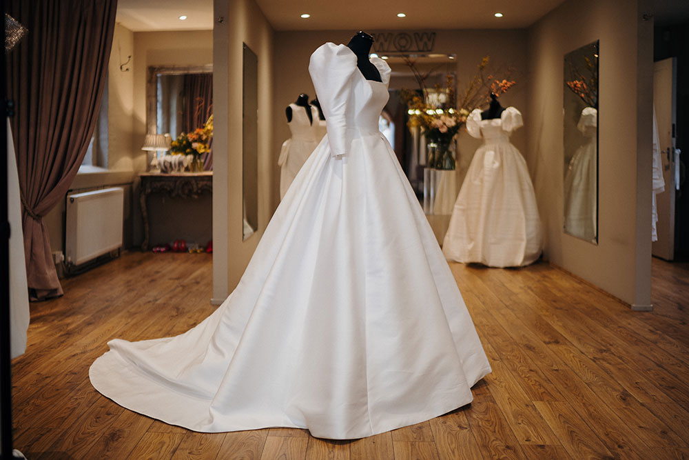Jesus Peiro Miss Bush 2214 square neck puff sleeve special bespoke wedding dress at Miss Bush, Surrey, London, UK stockist