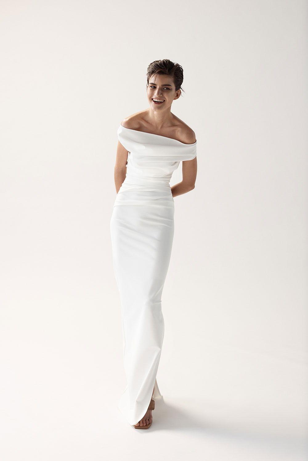 Maticevski Bridal Assertion ruched off the shoulder modern wedding dress