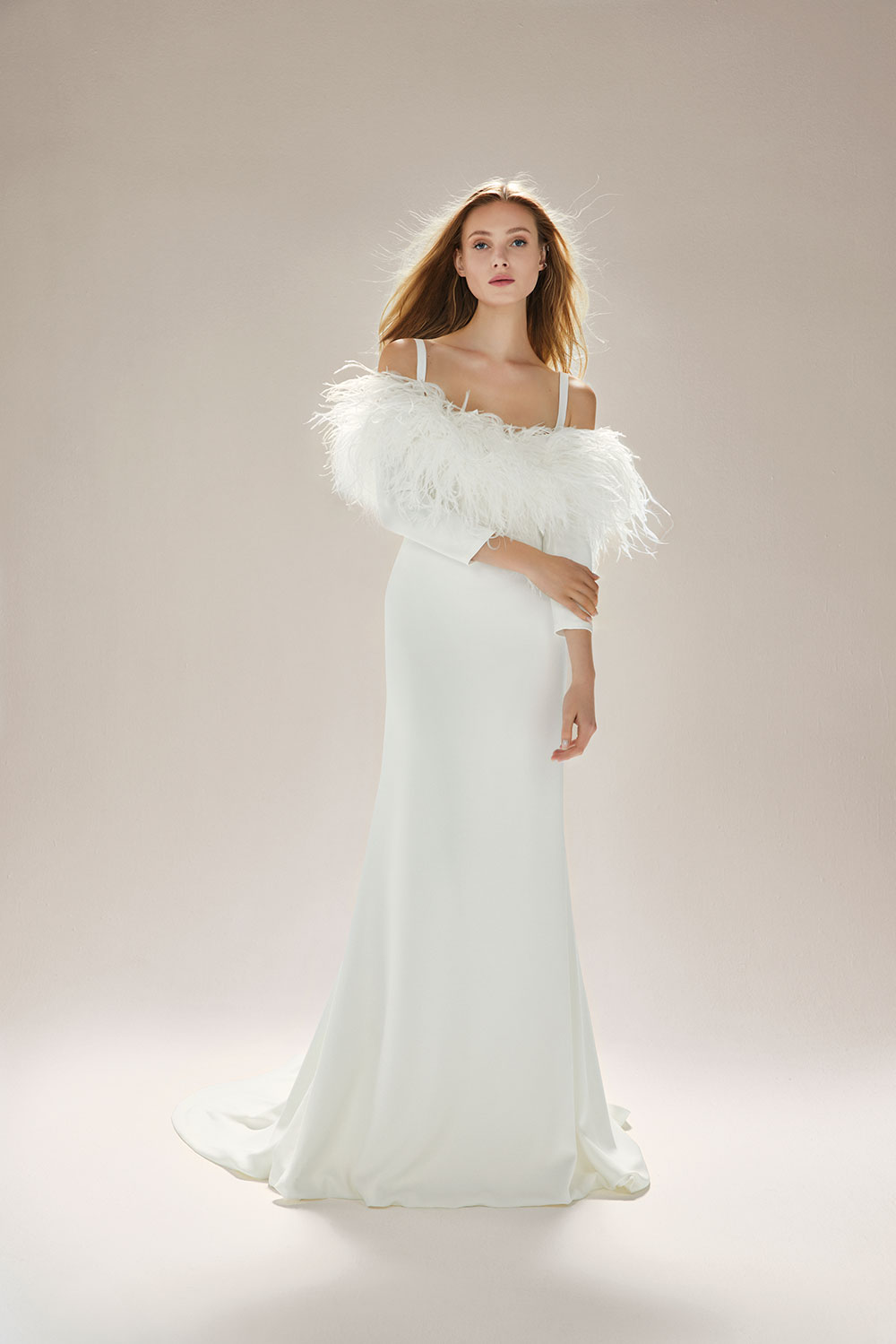 Jesus Peiro 2401 Wedding Dress with feather trim and sleevesMiss Bush