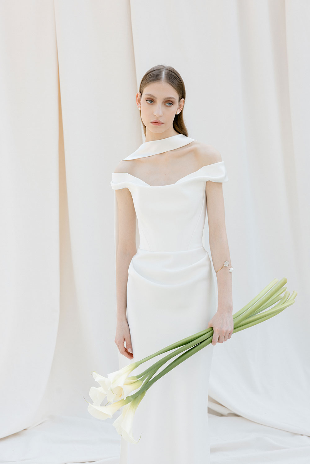 Divine Atelier Kaya wedding dress, at Miss Bush, Surrey, London, UK stockist Kaya off the shoulder silk wedding dress from Divine Atelier