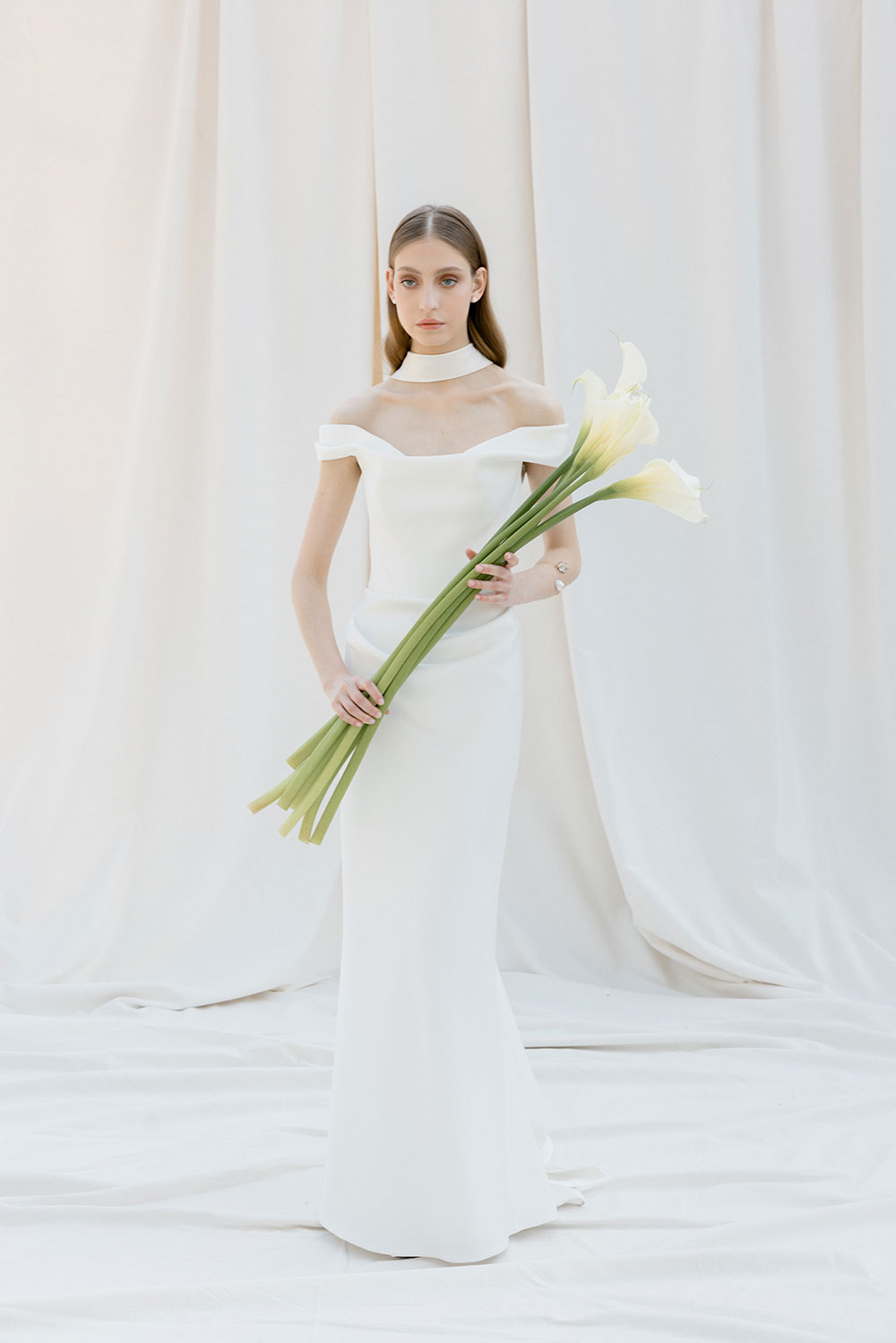 Divine Atelier Kaya wedding dress, at Miss Bush, Surrey, London, UK stockist Kaya off the shoulder silk wedding dress from Divine Atelier