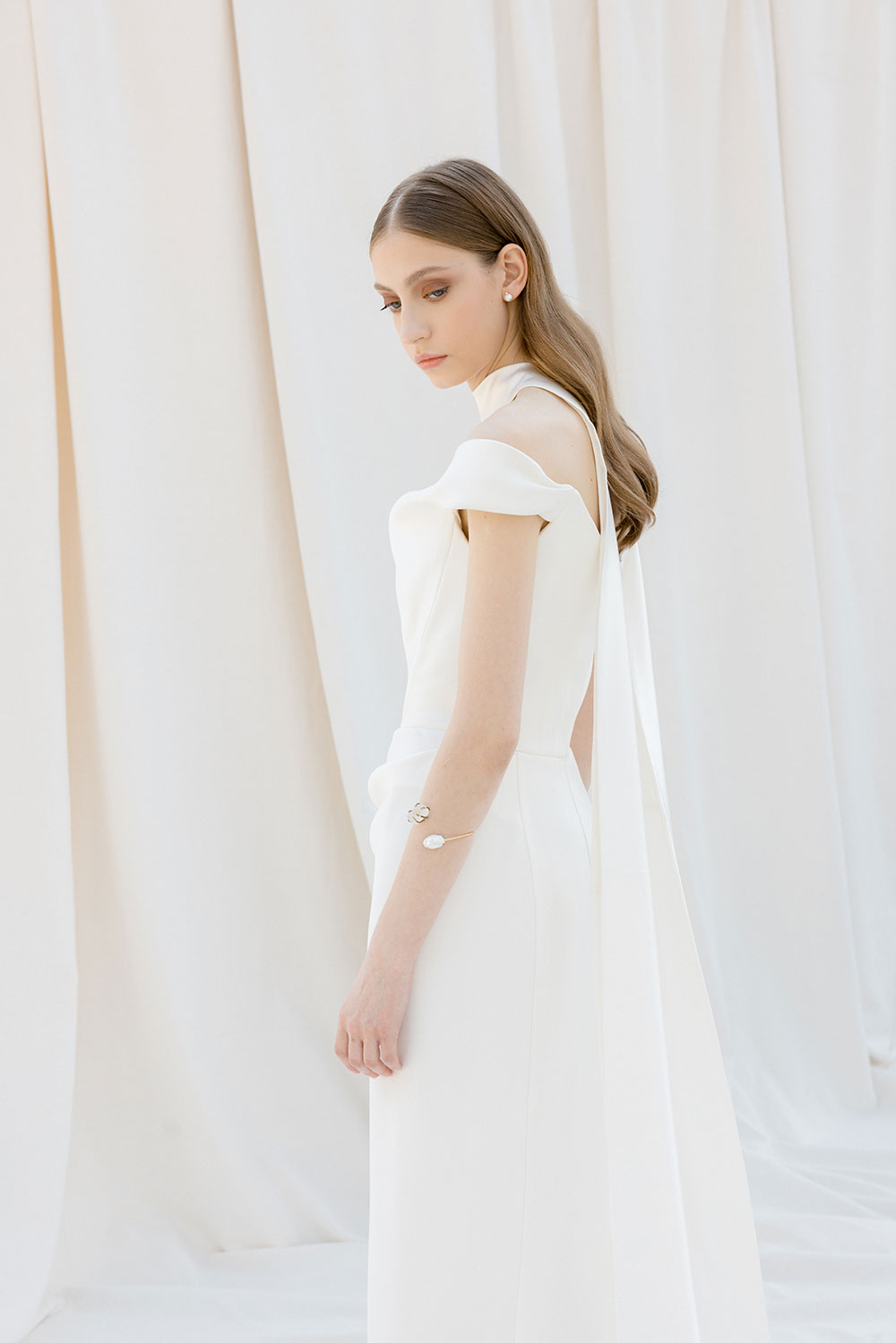 Divine Atelier Kaya wedding dress, at Miss Bush, Surrey, London, UK stockist Kaya off the shoulder silk wedding dress from Divine Atelier