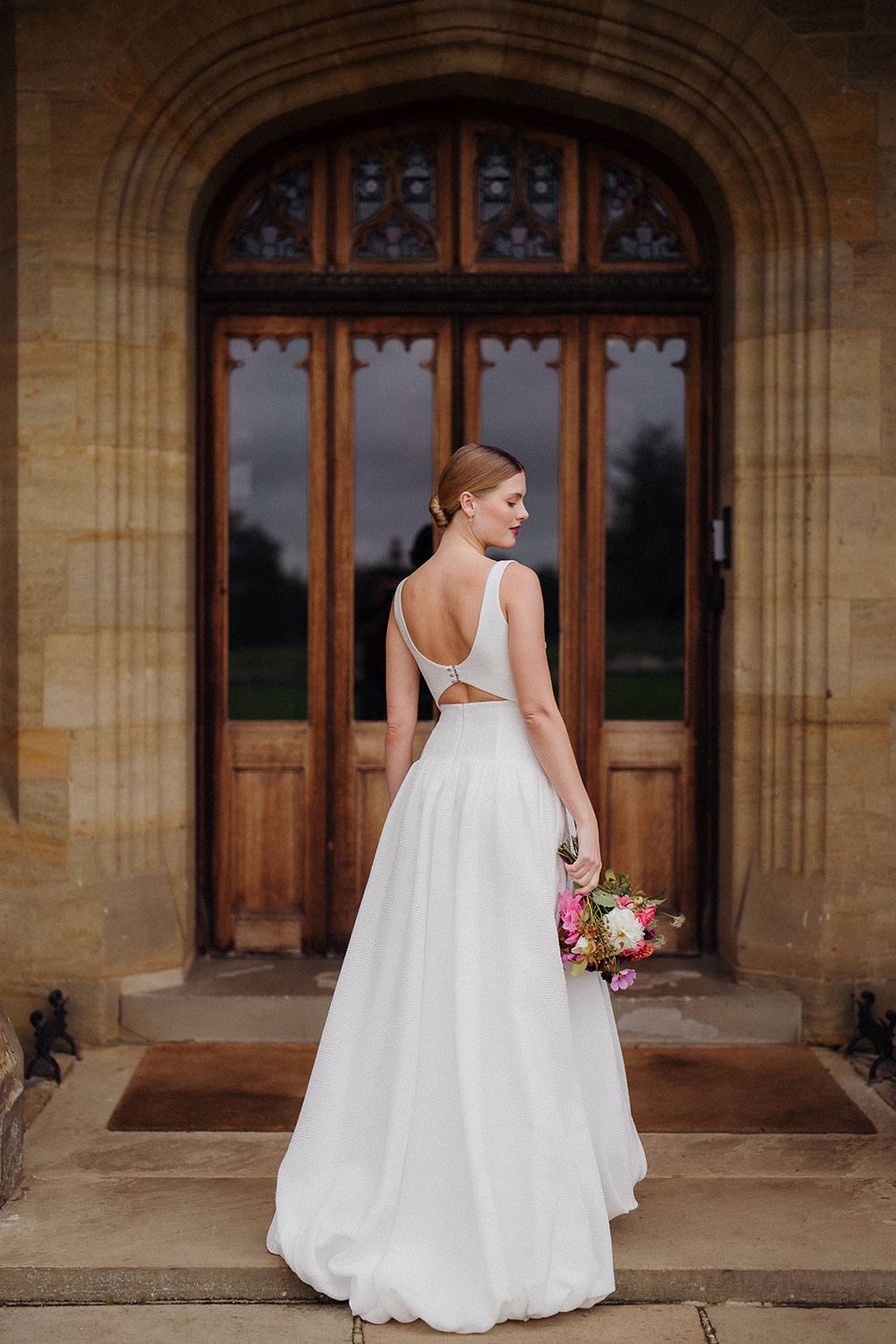 High low hem wedding dress in textured silk