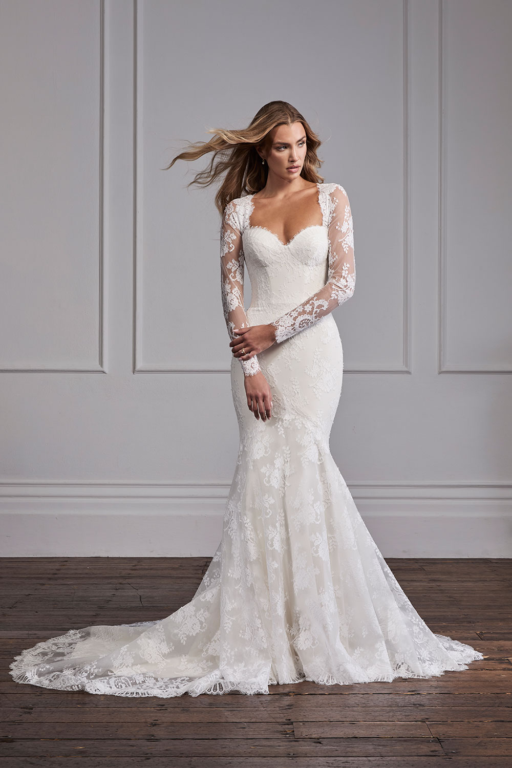 Suzanne Neville Solenne lace wedding dress at Miss Bush bridal boutique in Surrey