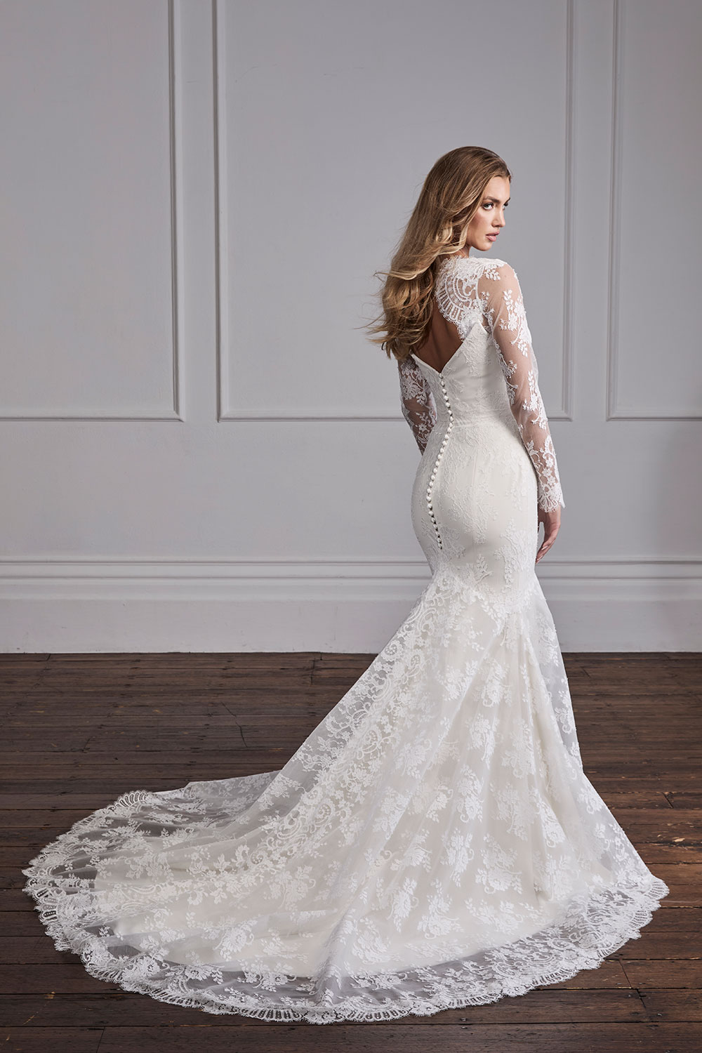Suzanne Neville Solenne lace wedding dress at Miss Bush bridal boutique in Surrey