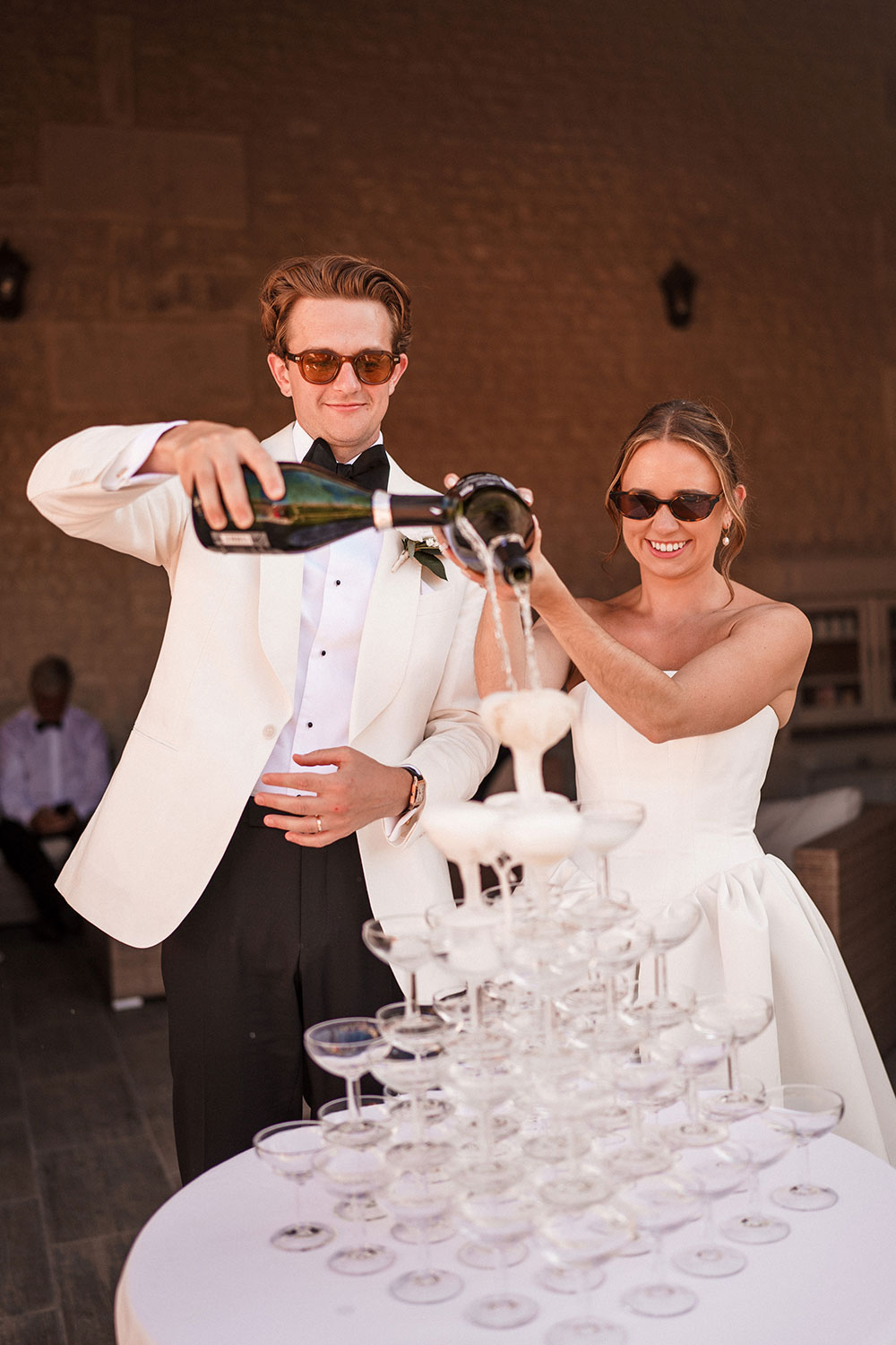 Nortier Schiffer strapless dropped waist wedding dress with split skirt