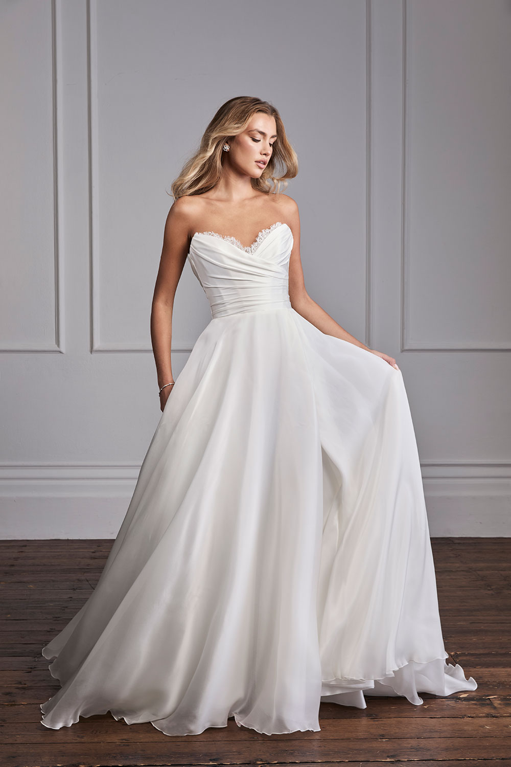 Suzanne Neville Silvaine strapless wedding dress at Miss Bush bridal boutique in Surrey