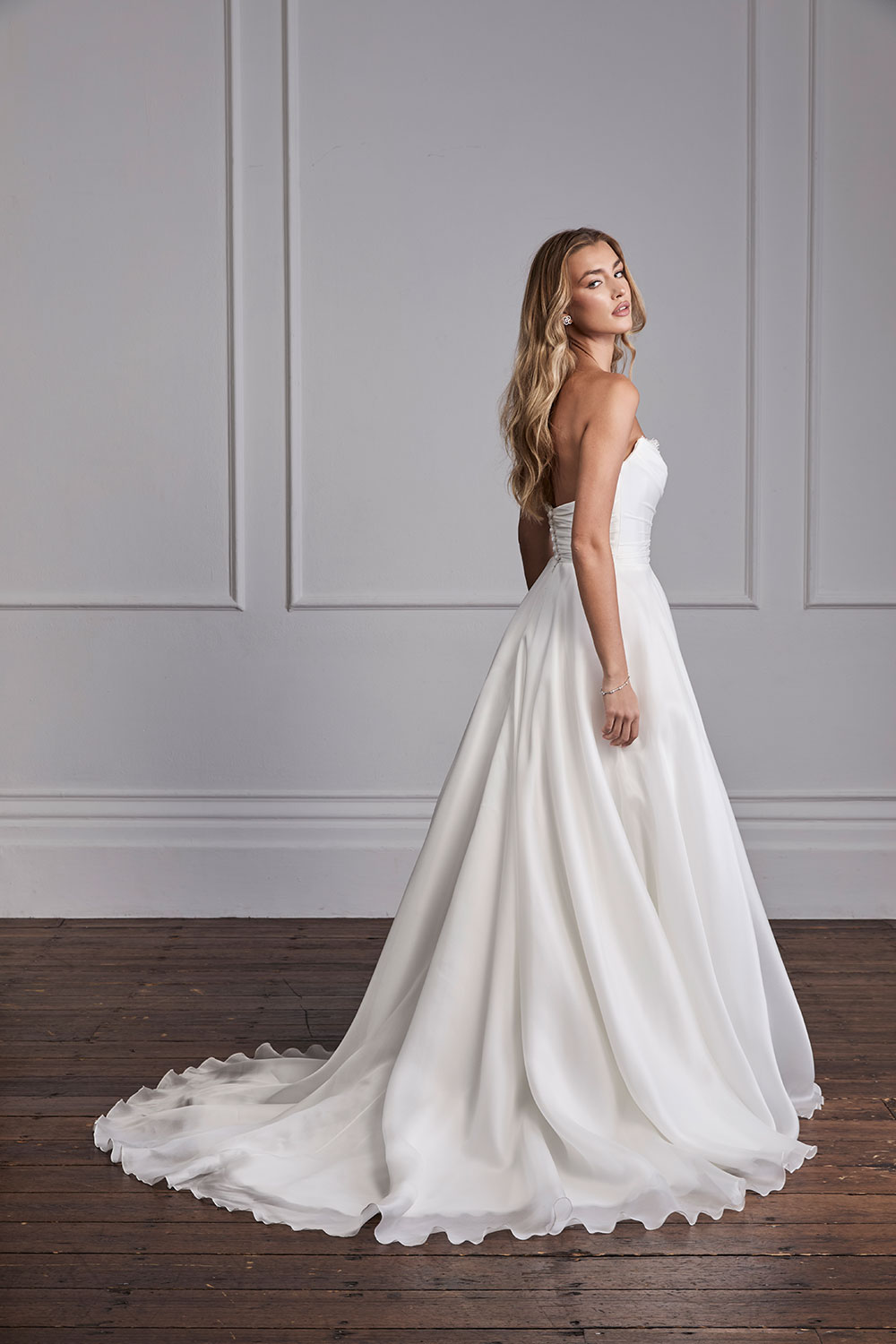 Suzanne Neville Silvaine strapless wedding dress at Miss Bush bridal boutique in Surrey