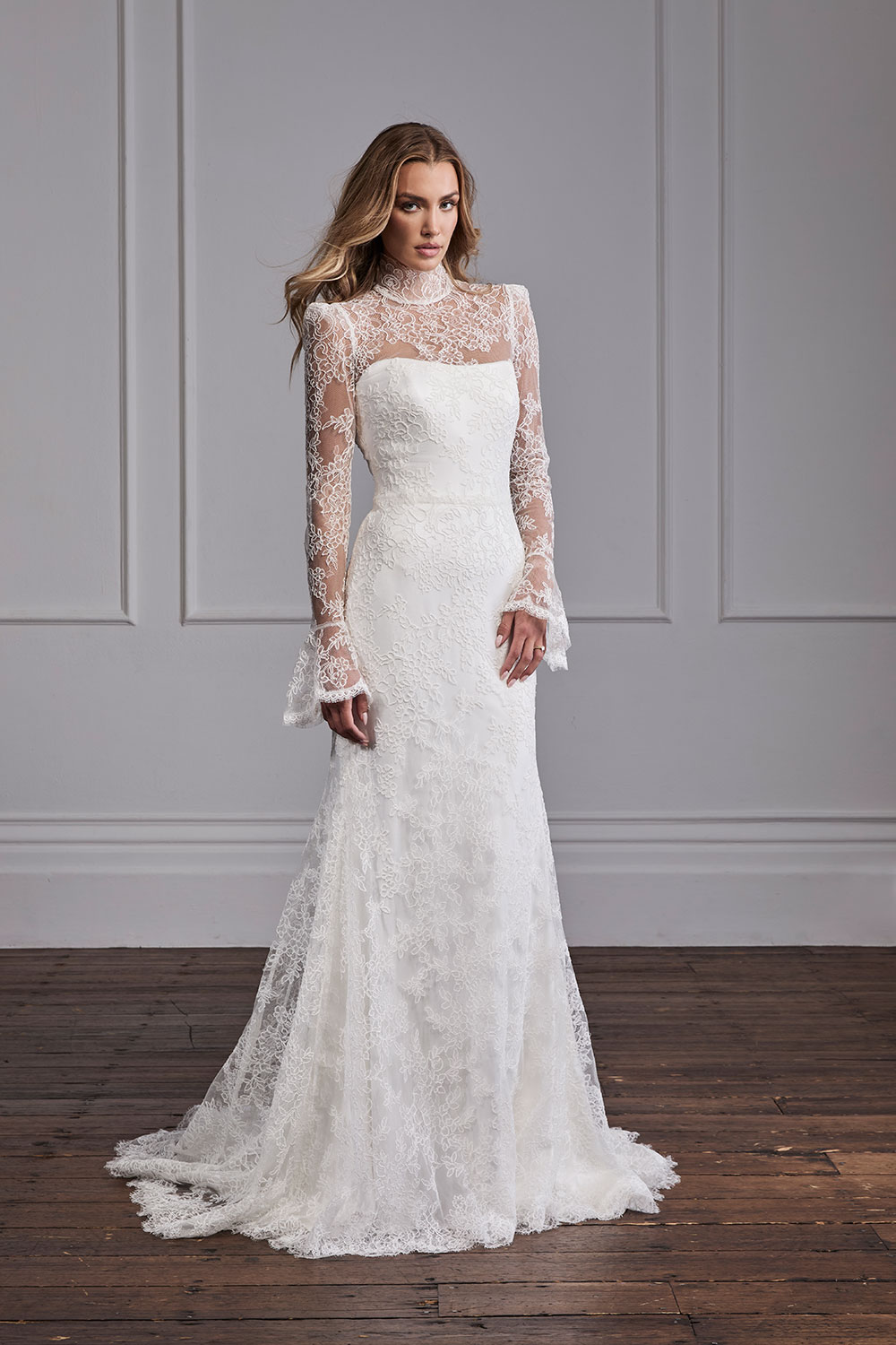 Suzanne Neville Aurora lace wedding dress at Miss Bush bridal boutique in Surrey