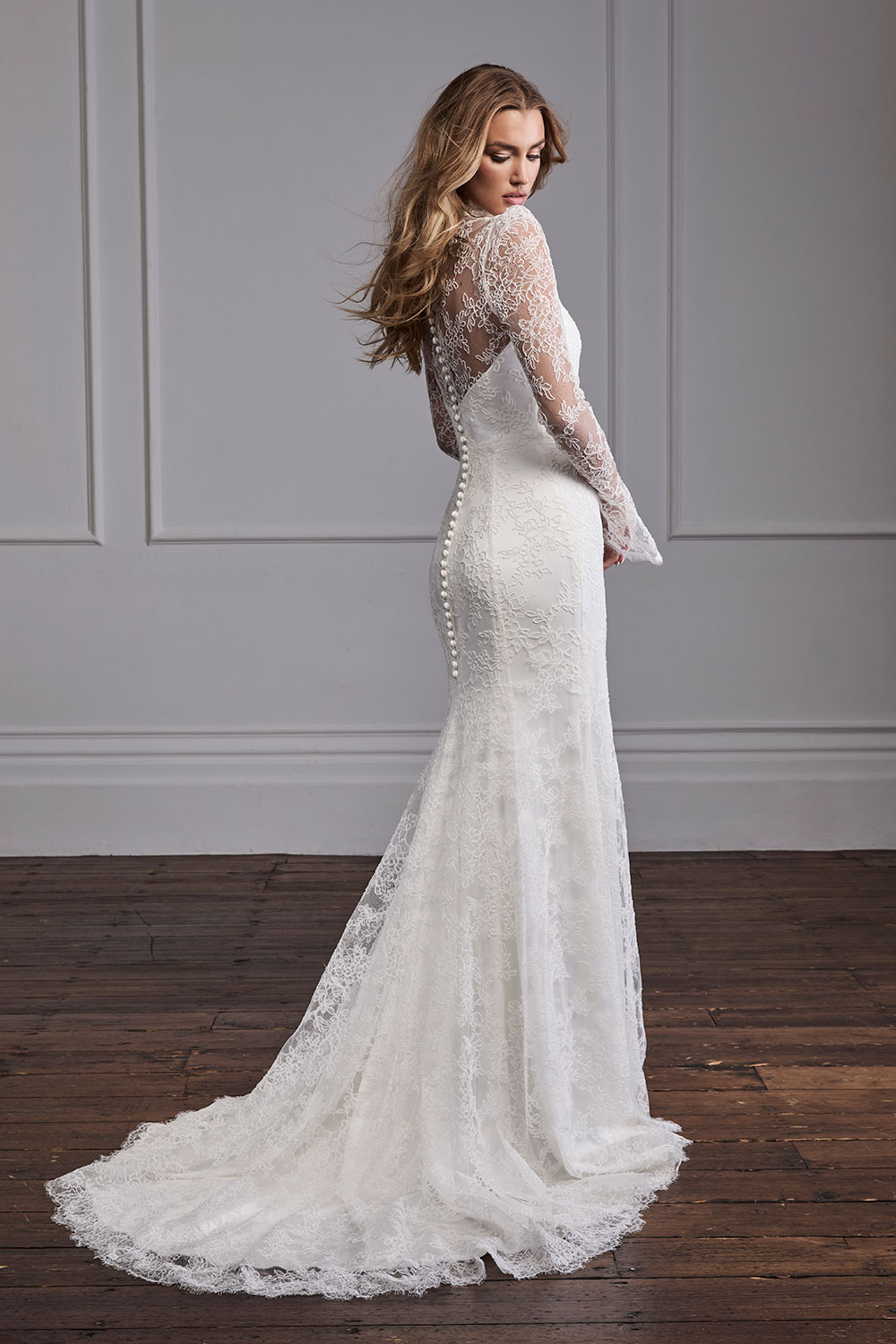 Suzanne Neville Aurora lace wedding dress at Miss Bush bridal boutique in Surrey
