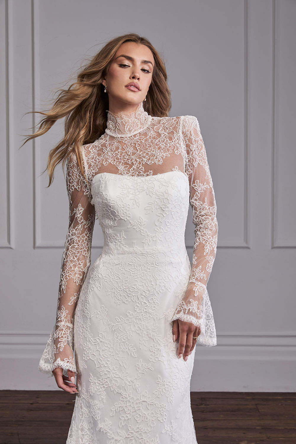 Suzanne Neville Aurora lace wedding dress at Miss Bush bridal boutique in Surrey