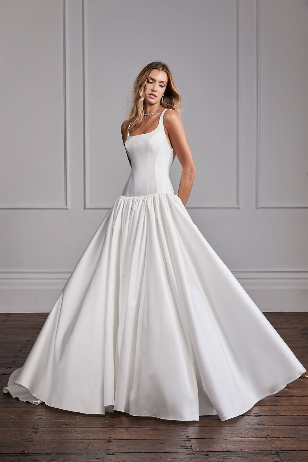 Suzanne Neville Darling drop waist wedding dress at Miss Bush bridal boutique in Surrey