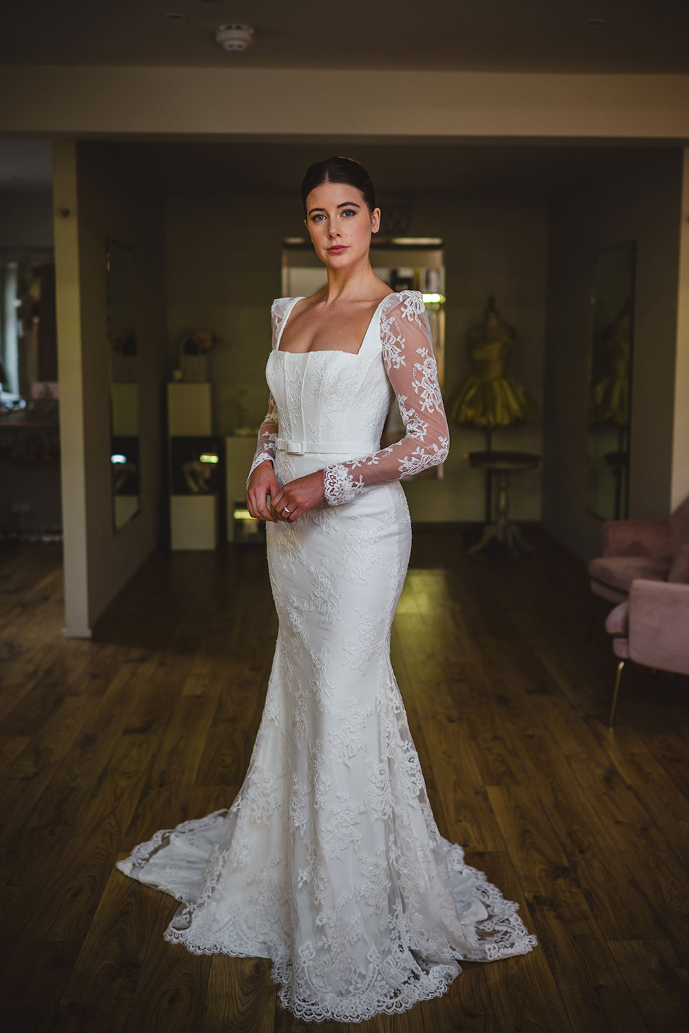 Suzanne Neville Florescence / Amber lace wedding dress at Miss Bush bridal boutique in Surrey