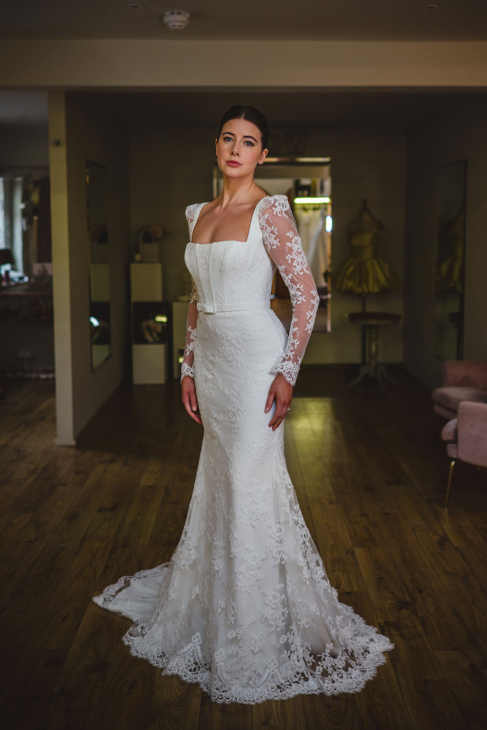 Suzanne Neville Florescence / Amber lace wedding dress at Miss Bush bridal boutique in Surrey