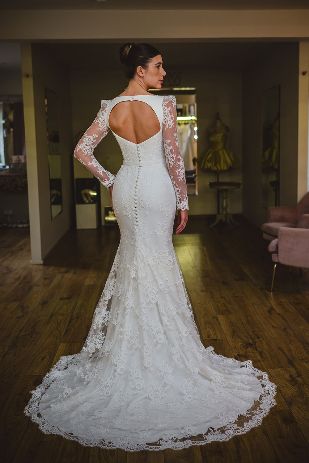 Suzanne Neville Florescence / Amber lace wedding dress at Miss Bush bridal boutique in Surrey