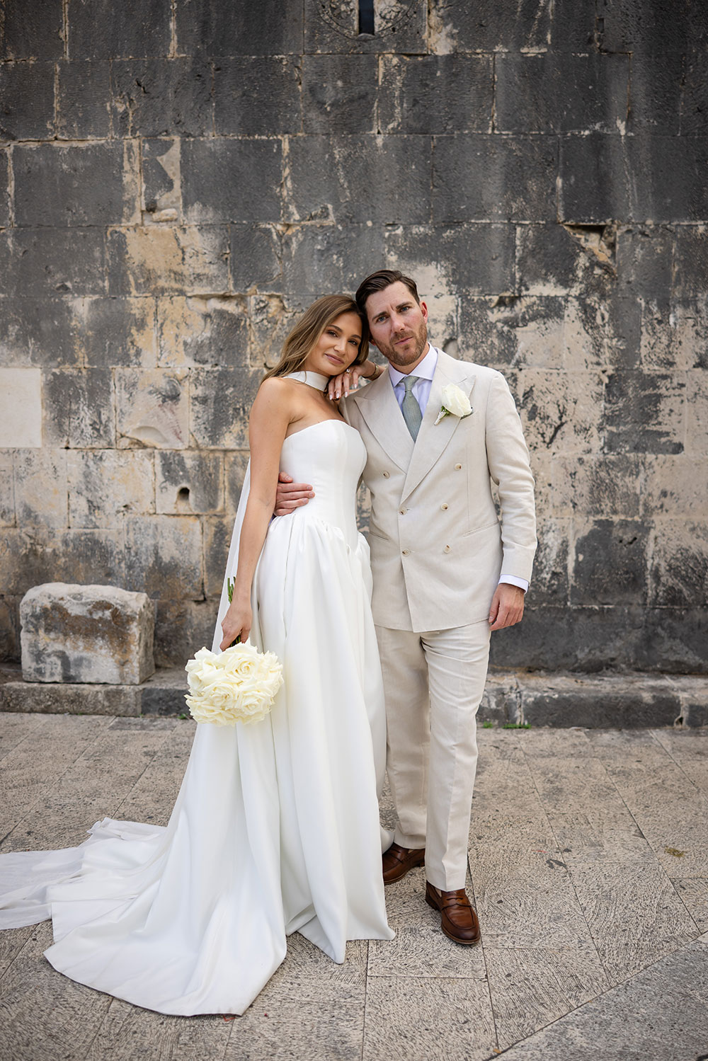 Nortier Schiffer strapless dropped waist wedding dress with split skirt